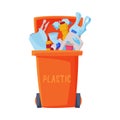 Waste Sorting, Orange Trash Can with Sorted Plastic Garbage, Segregation and Separation Rubbish Disposal Refuse Bin Royalty Free Stock Photo