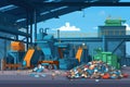 Waste sorting plant. Stylized illustration. conveyors filled with various household waste. Waste disposal and recycling. Waste