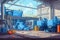 Waste sorting plant. Stylized illustration. conveyors filled with various household waste. Waste disposal and recycling. Waste