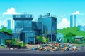 Waste sorting plant. Stylized illustration. conveyors filled with various household waste. Waste disposal and recycling. Waste