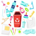 Waste sorting. Plastic garbage. Bottles, straws and other trash icons