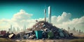 Waste sorting, recycling and collection. large piles of garbage and a big city in the background. Generated by AI