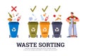 Waste sorting and recycling concept with trash bins flat vector illustration. Royalty Free Stock Photo