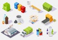 Waste sorting and recycling process isometric icon set, vector isolated illustration