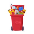 Waste Sorting, Red Trash Can with Red Sorted Garbage, Segregation and Separation Rubbish Disposal Refuse Bin Vector Royalty Free Stock Photo