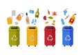 Waste Sorting, Set of Different Colorful Trash Bins with Sorted Garbage, Paper, Glass, Organic, Plastic Kinds of Trash Royalty Free Stock Photo