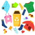 Waste sorting. Textile garbage. Clothes, toys and other trash icons