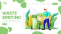 Waste sorting web page template.Man holding box filled with unsorted glass bottles. Male character separating trash.