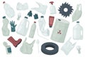 Waste trash rubbish, environment ecology pollution set, plastic glove package bag bottle