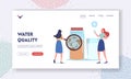 Waste, Water Filtering Landing Page Template. Tiny Female Character Looking on Micro Organism Living in Dirty Water