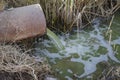 Ecology subject: sewer pours out waste to the lake/sewage from the sewer pollutes a lake Royalty Free Stock Photo