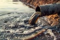 Waste water pouring from a metal pipe into river