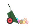 Wasted time concept. Many round mechanical clocks are thrown from the garden wheelbarrow. Vector illustration.