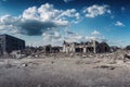 Wasteland with collapsed structures of old factory and destroyed industrial buildings.