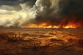 Wasteland destroyed by fire and heat, the horizon lit be flames against dark smoke-filled dramatic sky. Generative AI realistic