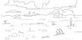 Wasteland view. Post apocalypse line sketch. Draught environment. Vector illustration.