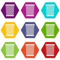 Wastepaper basket icon set color hexahedron