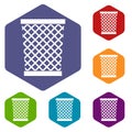 Wastepaper basket icons set hexagon