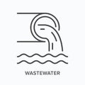 Wastewater flat line icon. Vector outline illustration of pipe and dirty water. Black thin linear pictogram for sewer