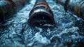 Wastewater pipes from industrial plants which is a large pipe made of metal. The wastewater flowing from the pipe is black and