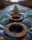 Wastewater pipes from industrial plants which is a large pipe made of metal. The wastewater flowing from the pipe is black and