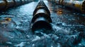 Wastewater pipes from industrial plants which is a large pipe made of metal. The wastewater flowing from the pipe is black and