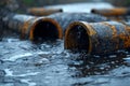 Wastewater pipes from industrial plants which is a large pipe made of metal. The wastewater flowing from the pipe is black and