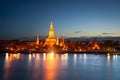 Wat Arun across Chao Phraya River during sunset in Bangkok, Thai