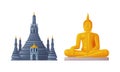 Wat Arun and Buddha Golden Statue as Thailand Symbol and Famous Landmark Vector Set