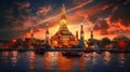 Wat arun in sunset at Bangkok,Thailand. Landmark, Chao Phraya River. Generate Ai