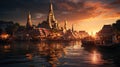 Wat Arun Temple in Bangkok, Thailand at sunset with reflection