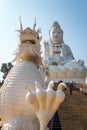 Rimkok district,Chiang Rai Province,Northern Thailand on January 19,2020:Enormous white Guan Yin Statue and beautiful dragon