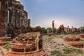 Wat Mahathat with Ruins of stupa and statue in the ancient Thai temple in Ayutthaya Historical Park