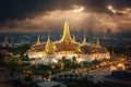 Wat Phra Kaew Bangkok, Thailand storm thunder clouds temple at night with Ai Generated