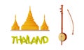 Wat Phra Kaew and Bow Musical Instrument as Thailand Symbol and Famous Landmark Vector Set