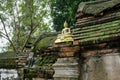 Small golden Buddha statue on the old brick wall of Wat Phutthaisawan,Sampao Lom subdistrict, Phra Nakorn Sri Ayutthaya,Thailand.