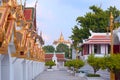 Wat Saket Golden mountain and Wat Ratchanadda Loha Prasat in the same frame. Royalty Free Stock Photo