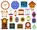 Watch alarm clock timer flat color set, includes stop watch, sand glass, hourglass, dial, timer Royalty Free Stock Photo