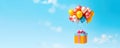 Gift Box and Colorful Balloons Soaring in the Sky - Generative AI Royalty Free Stock Photo