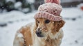 Frosty Paws, A Whimsical Canine Fashionista Flaunts a Pink Knitted Hat Amidst the Glistening Snowscape