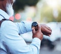 Watch, black man and hands in city with time management, schedule or waiting for taxi commute. Closeup, arm and