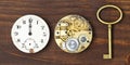 Watch and clockwork with gold key, time management concept Royalty Free Stock Photo