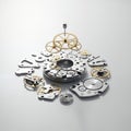 Watch Components Arrayed on a White Surface Featuring Gears and Precision Engineered Parts and Metallic Reflexions in Detailed Royalty Free Stock Photo
