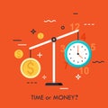 Watch and dollar coin on scales. Time or money, busyness and strenuous life, choice and dilemma concept. Vector illustration