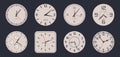 Watch faces. Cartoon analog clocks, electronic and mechanical vintage watch faces with numbers and clock hands flat vector