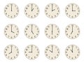 Watch faces. Cartoon clocks showing different time, round analog watch faces with numbers flat vector illustration set. Vintage