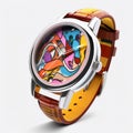 Transparent-cased watch with a vibrant, patterned dial for added flair