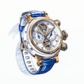 Blue And Gold Mechanical Watch With Realistic Watercolor Design Royalty Free Stock Photo