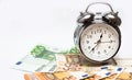 Watch and money isolate. Concept Time is money. Royalty Free Stock Photo