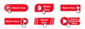 Watch now buttons with computer mouse click cursor pointers. UI components for video playback. Content viewing enable button set. Royalty Free Stock Photo